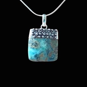 Natural Dominican Larimar S Silver Rectangle Pendant Necklace Peace Healing 18"